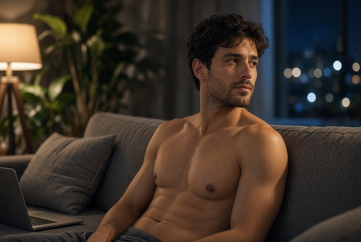 A shirtless white man with dark curly hair and stubble sits on a gray couch at night beside an open laptop, looking off to the side with a thoughtful expression, blurred city lights in the window behind him.