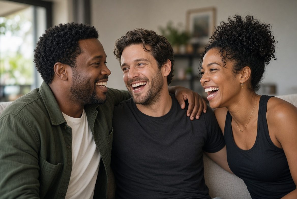 Two men, one black and one white, and a black woman sit close together on a cream couch in a bright living room, laughing with their arms around each other.