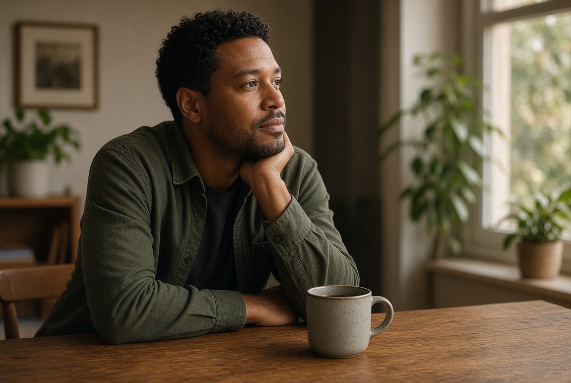 A black man in an olive green overshirt rests his chin on his hand at a wooden table beside a ceramic coffee mug, gazing out a sunlit window with houseplants.