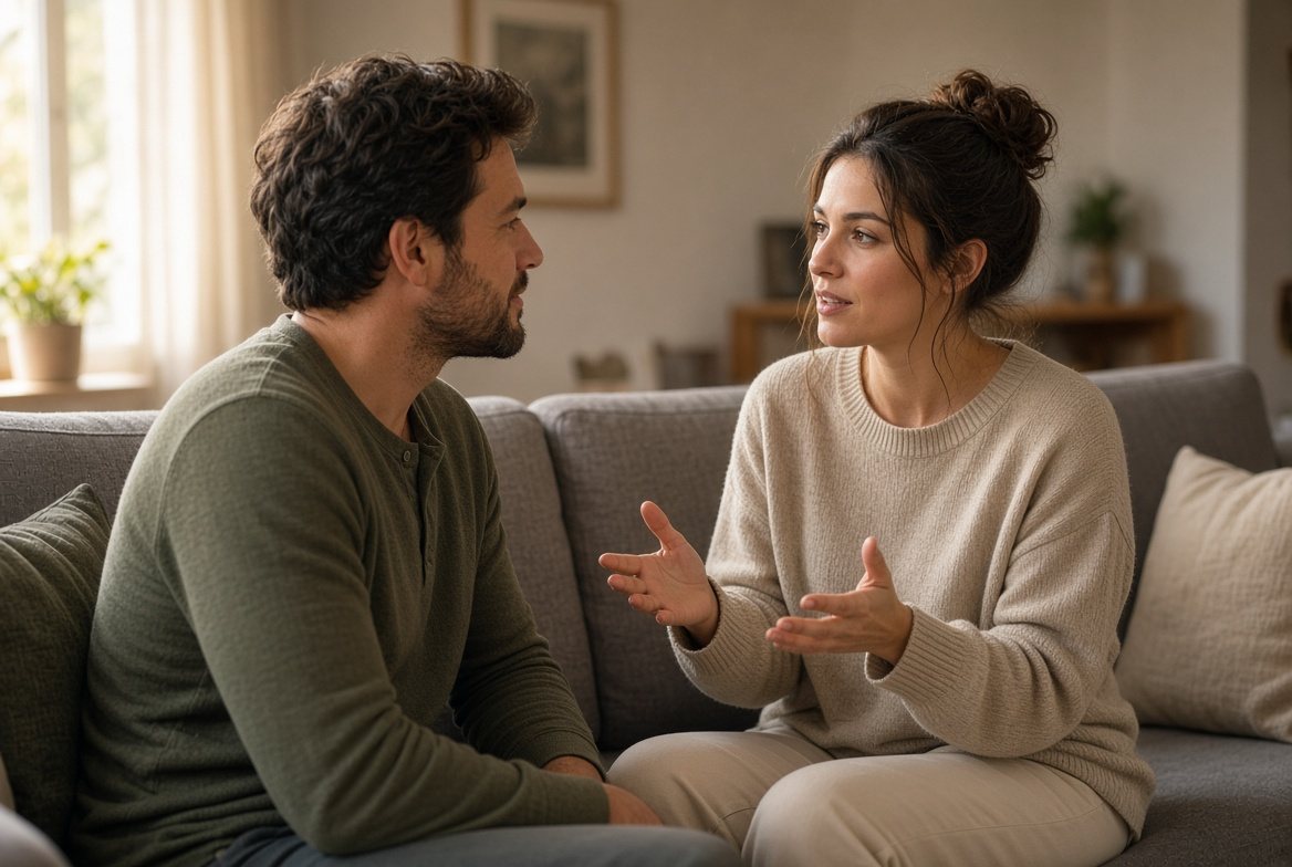 A white man with dark curly hair and a beard, in an olive henley, and a white woman with her hair in a bun, in a cream sweater, talk face to face on a gray living room couch while she gestures with open hands and he listens.