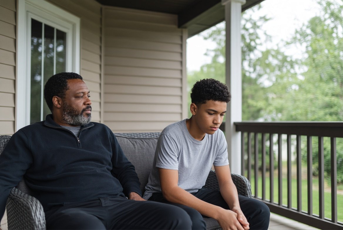 A black father with a gray beard, in a navy quarter-zip, and his black teenage son, in a gray t-shirt, sit side by side on a porch couch while the son looks down at his hands and the father glances over at him.
