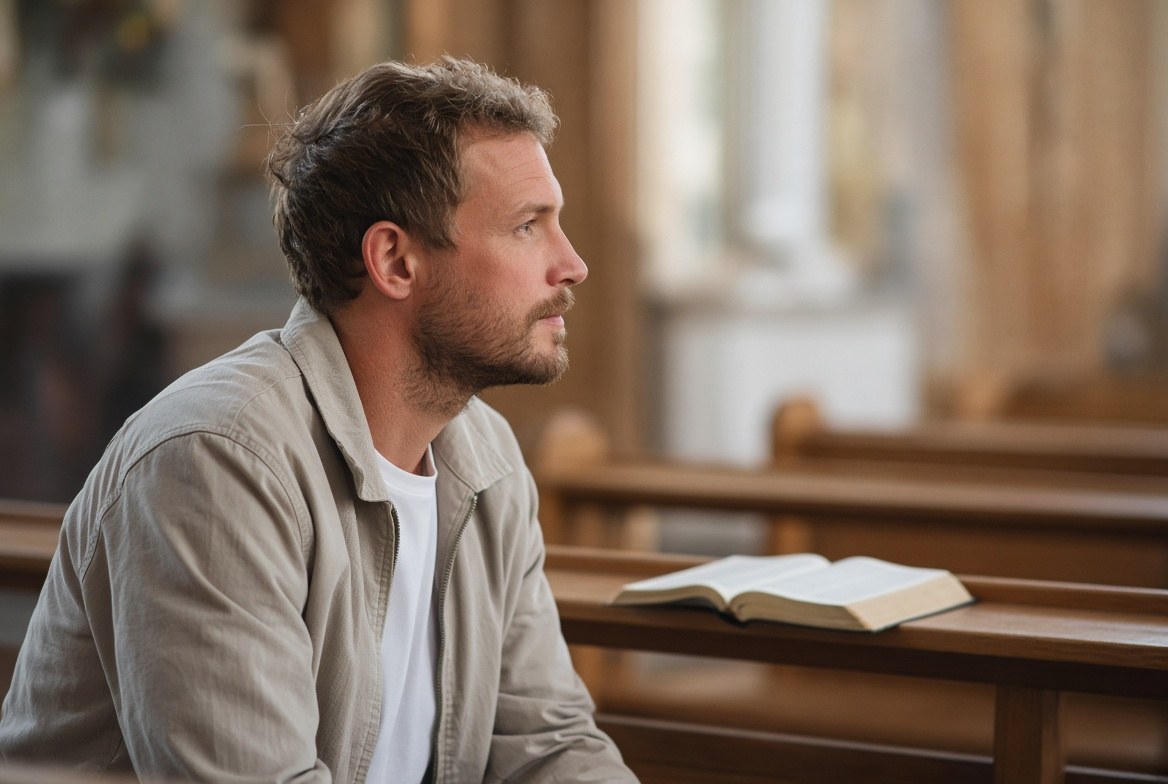 A white man with short brown hair and a light beard, in a beige zip-up jacket over a white t-shirt, sits in a wooden church pew and gazes thoughtfully to the side, with an open Bible resting on the pew beside him.